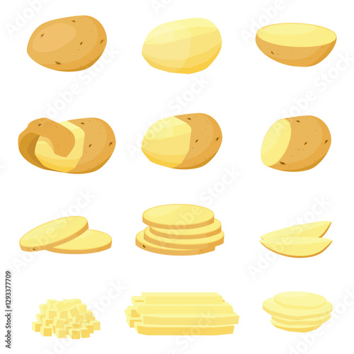 Raw fresh potatoes set isolated on white background. Sliced chopped potatoe cuts. Whole potatoe, half, potatoe cubes, sticks and slices. Vector