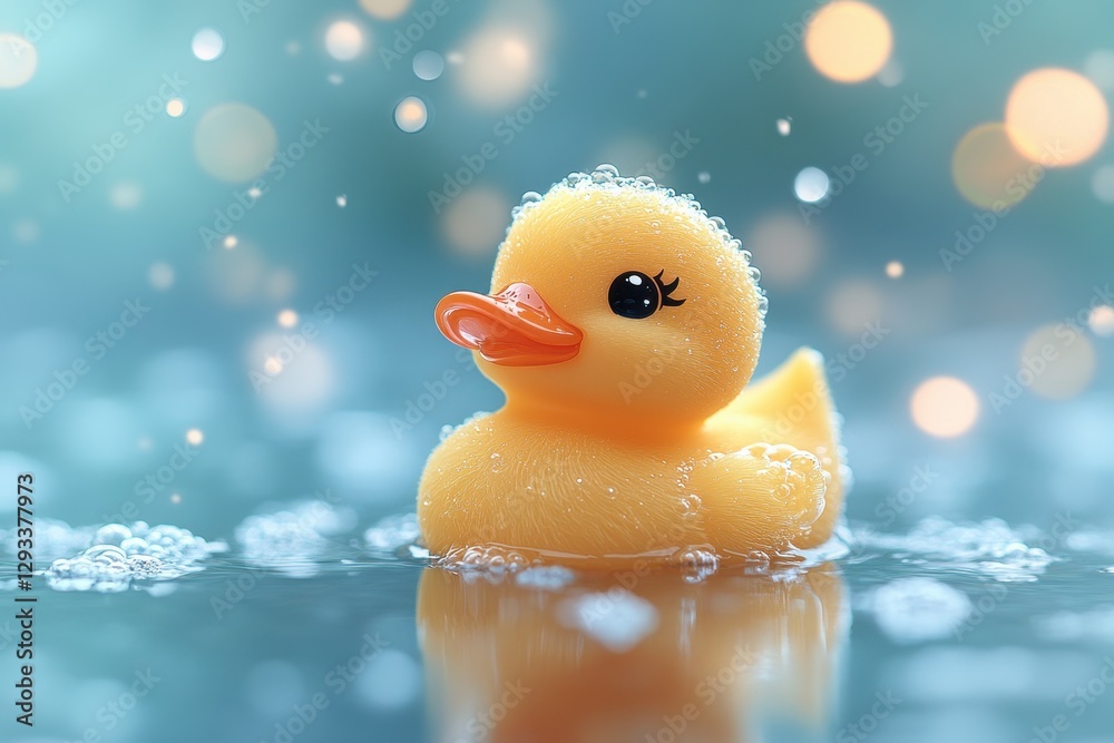 Cute yellow rubber duck swims in a tranquil water setting with bubbles in soft focus on a bright day Cute yellow rubber duck swims in a tranquil water setting with bubbles in soft focus on a bright day