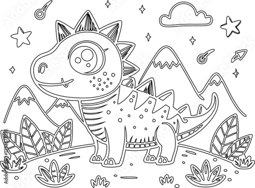 colourful, coloring page, coloring page for kids, page for kids, adorable dinosaur coloring page, dinosaur, fossil, T-Rex, ancient, history, cartoon illustration, cartoon design, animal art, cartoon, 