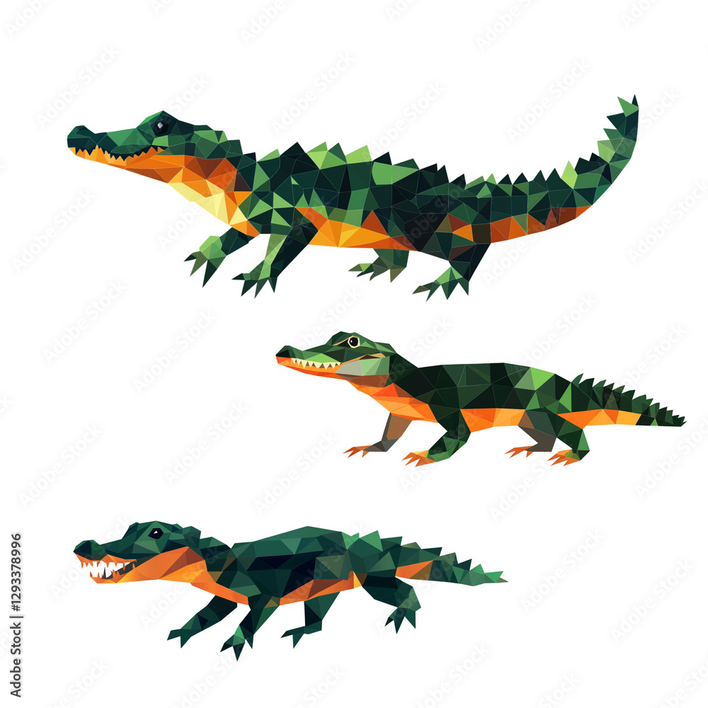 Fototapeta premium Green crocodile made of triangles on a white background
