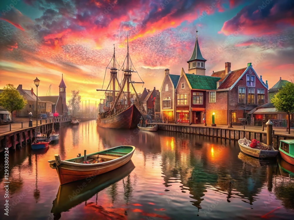 Fototapeta premium Surreal Hindeloopen Harbor: Dreamlike Sluice, Ships & Historic Buildings