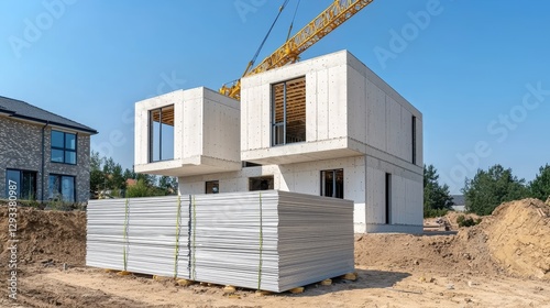 Construction site of a modern prefabricated house. Modular house under construction. Prefabricated house building process.