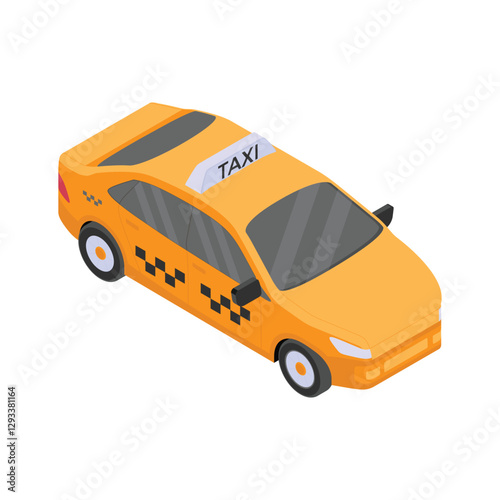 Isometric yellow taxi icon representing city cab and ride services.