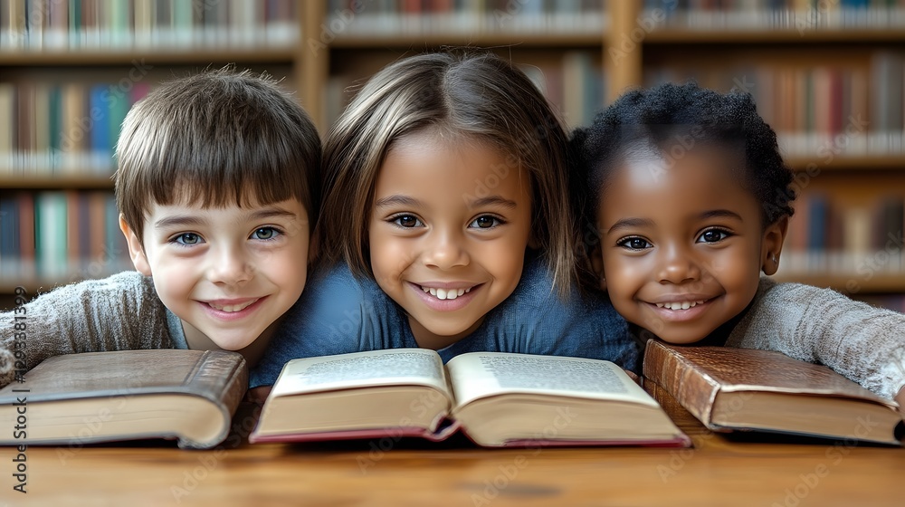 Children smiling, reading books in library Children smiling, reading books in library