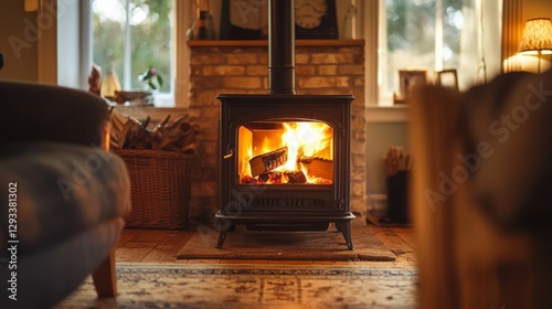 A cozy log burner in the front room of a cottage, providing warmth and ambiance with its flickering flames. Enjoy the traditional charm of this off-grid heating source. photo