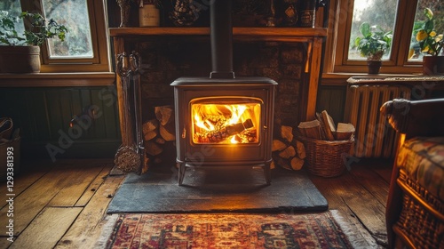 A cozy log burner in the front room of a cottage, providing warmth and ambiance with its flickering flames. Enjoy the traditional charm of this off-grid heating source. photo