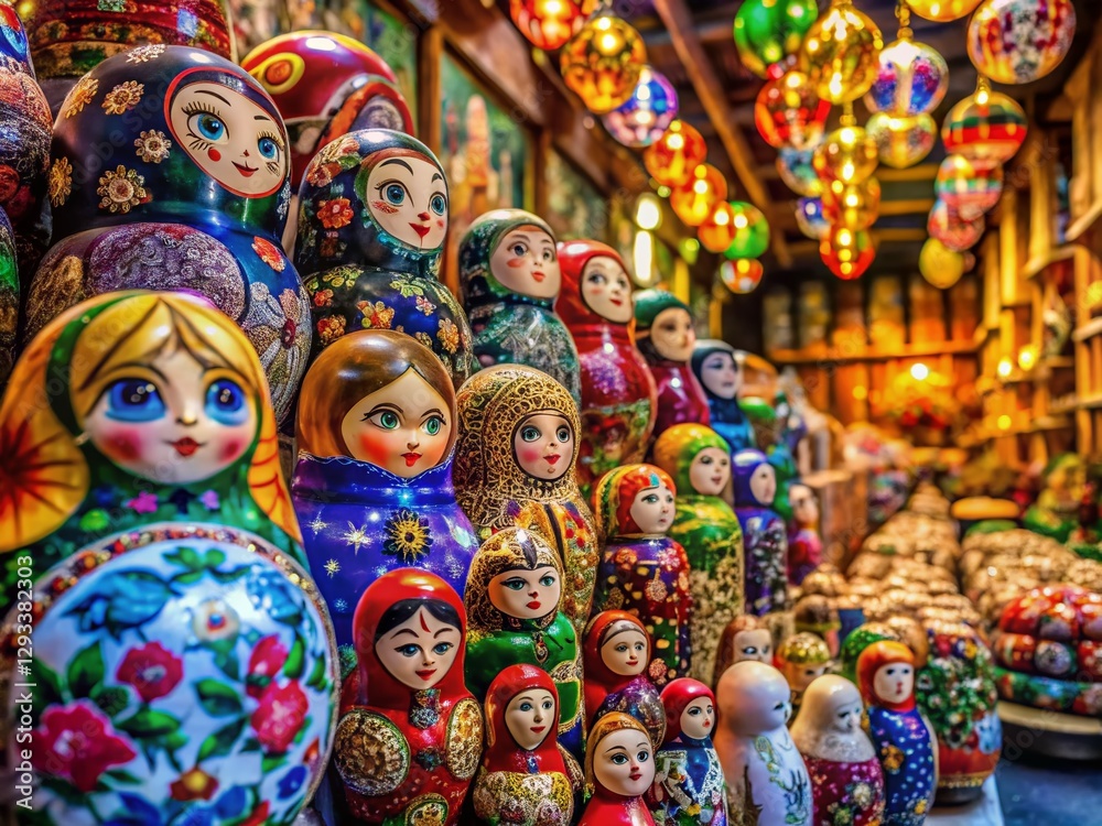 Fototapeta premium Surreal Market Scene: Nested Russian Dolls in Dreamlike Setting