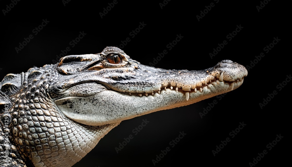 Fototapeta premium Striking Closeup of a Crocodile on Black Background, Capturing Intense Eyes and Scaly Texture with Dramatic Lighting, Perfect for Digital Art, Home Decor, or Design Inspiration.