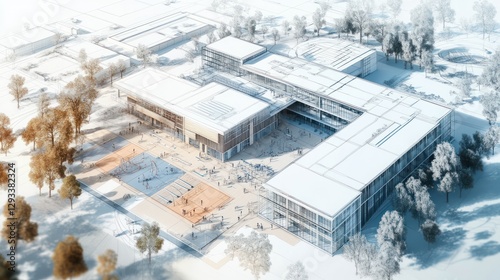 Modern school campus aerial design, playground, students