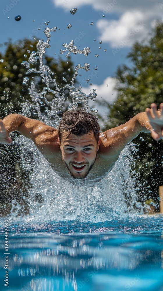 Fototapeta premium A joyful man dives into a vibrant blue pool. Water splashes all around him creating a thrilling moment. Enjoyment and excitement capture the essence of summer fun. Generative AI