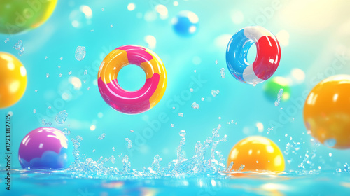Pool party poster, summer background with colorful inflatable rings and balls float in swimming pool top view. Cartoon invitation flyer, card for summertime vacation entertainment, Vector illustration