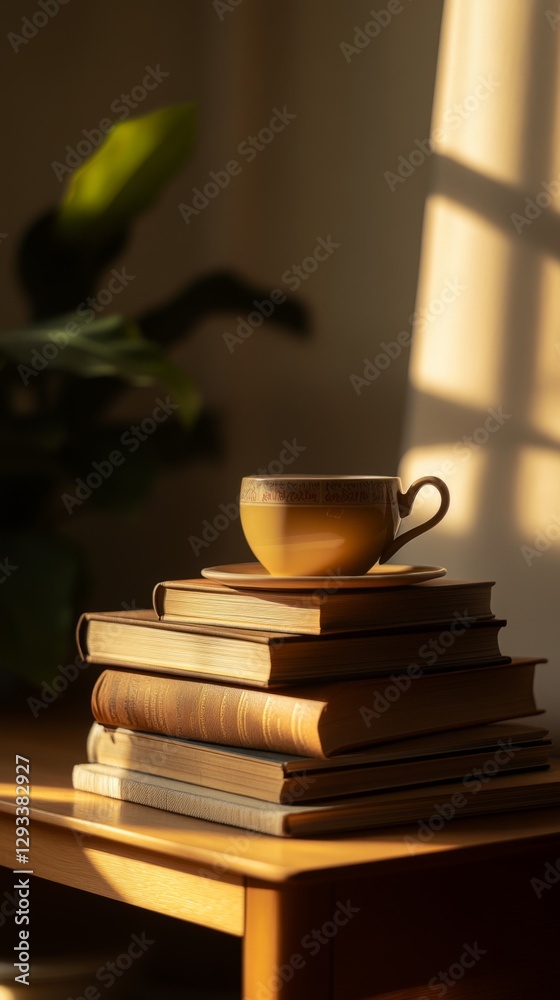 A cozy scene with a stack of books topped by a warm cup. This inviting setup encourages relaxation and reading. Embrace the beauty of a quiet moment. Generative AI A cozy scene with a stack of books topped by a warm cup. This inviting setup encourages relaxation and reading. Embrace the beauty of a quiet moment. Generative AI