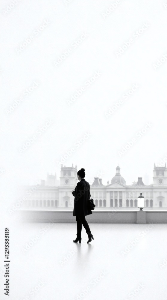 Elegant silhouette of a person walking through a minimalist urban landscape at dusk Elegant silhouette of a person walking through a minimalist urban landscape at dusk