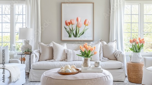 Bright spring decor for your living room with a poster frame, cozy pouf, and a touch of Easter cheer adding flowers, tulips, and elegant accents.
