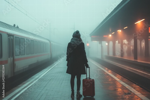 Woman walking with luggage on a foggy train station platform