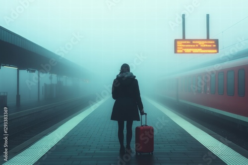 Woman waiting for a train in a misty station at dawn