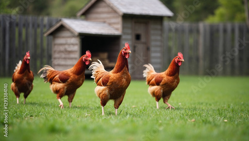 Chickens walking on lush green grass in a sunny outdoor setting, showcasing a lively farm atmosphere and healthy free-range environment. Clean wooden coop in background