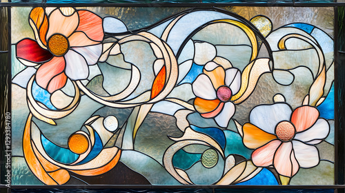 Art Nouveau stained glass window design featuring intricate swirling vines, elegant flowers, and organic shapes 