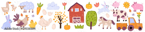 Farm animal kids doodle, vector hand drawn village nature childish scribble set, cute cartoon cow. Wax crayon texture barn house, green tree, tractor, naive baby chicken, little rabbit. Farm animal