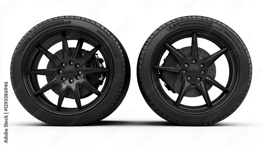 Sport car wheel with japanese steel disk isolated on white background front and side view. Realistic 3d icon of modern black rubber tire for advertising of automobile service, rally