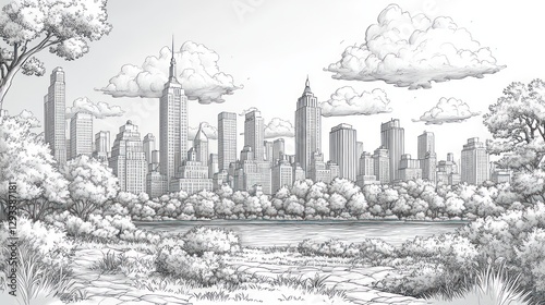 Hand-drawn NYC skyline park view