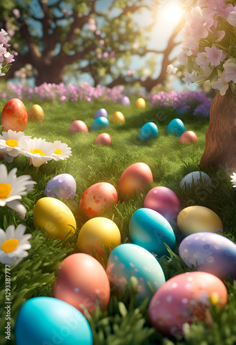 Outdoor Easter egg hunt in a sunny garden, with colorful eggs hidden among the flowers and greenery, embodying the festive spirit of Easter.