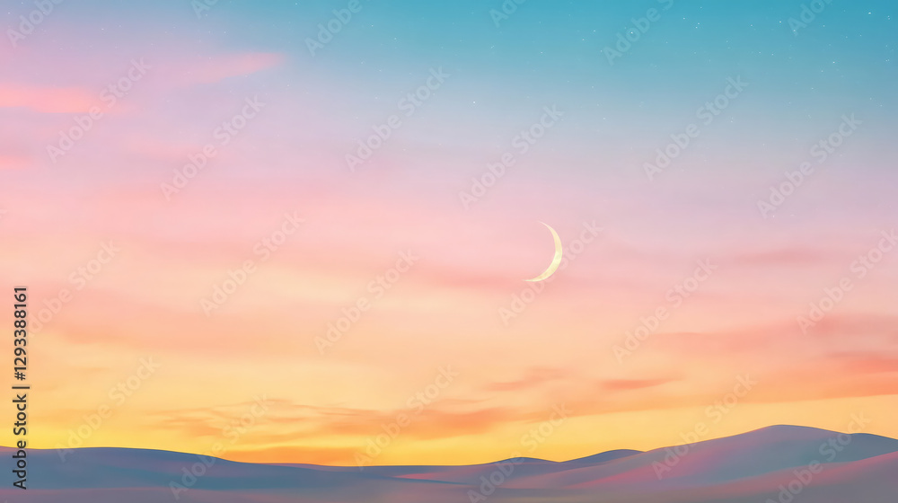 Fototapeta premium serene sky transitions from golden hour to twilight with crescent
