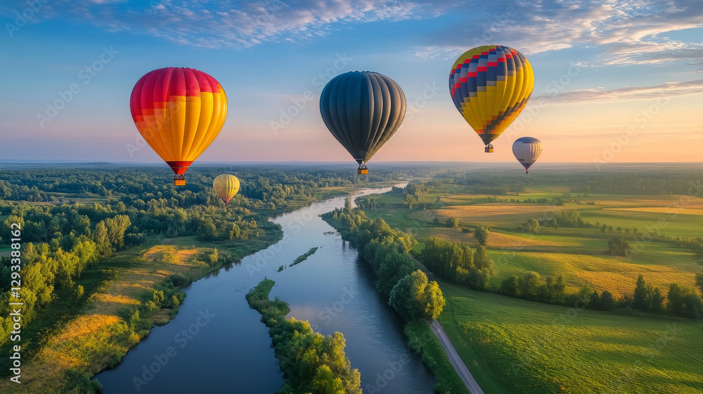 Fototapeta premium Summer landscape with flying hot air balloons, green fields, river and road. Vector cartoon illustration of countryside with colorful airships with baskets fly over meadows and grassland on hills