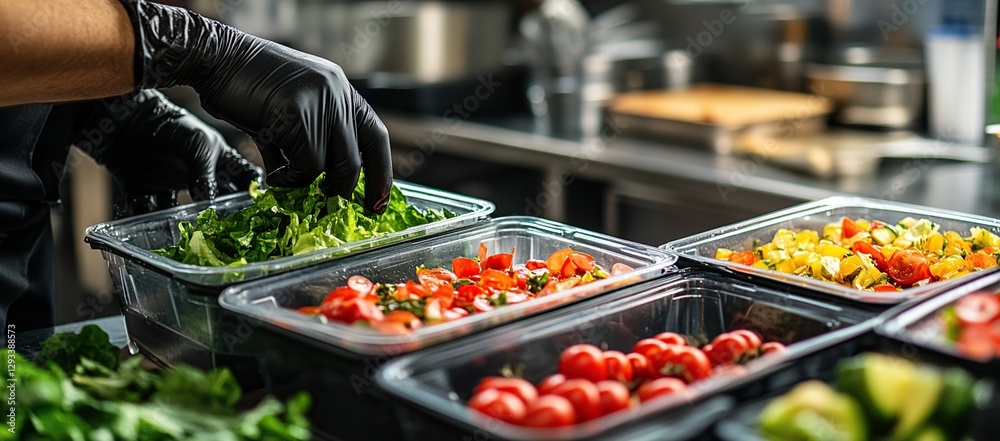 Chef Prepping Fresh Salad and Tomatoes in Restaurant Kitchen