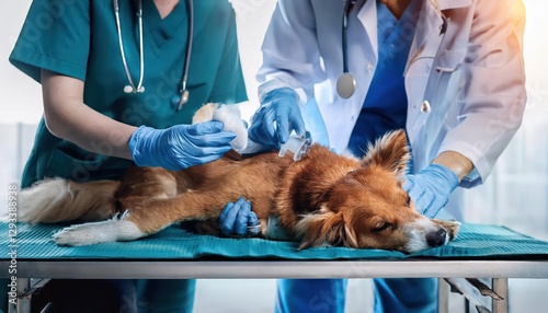 Intimate Vet Scene A Compassionate Doctor Administering Anesthesia to a Trusting Canine, Bathed in Soft Light and Surrounded by Sterile White photo