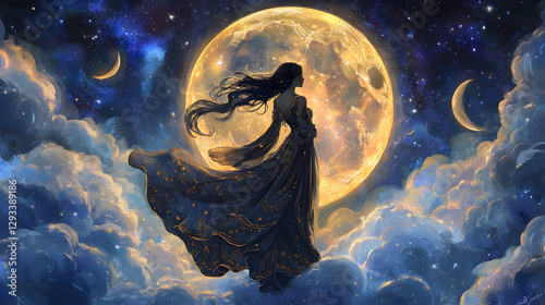 Art Nouveau moon goddess with flowing robes, celestial patterns, and a backdrop of swirling clouds and stars 