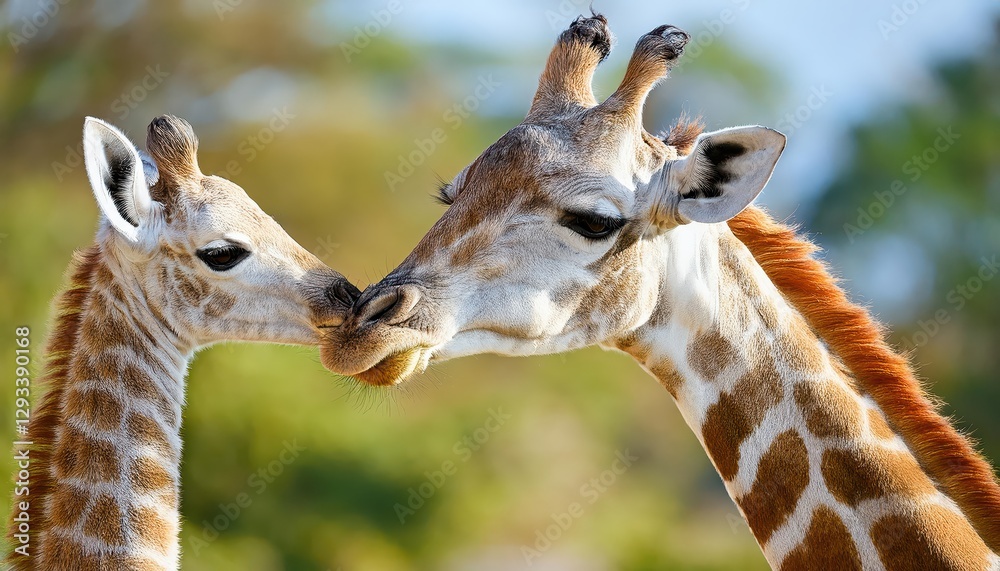 Fototapeta premium Tender Moment Mother Giraffe Gently Kisses Baby in the Wild African Savannah, Capturing a Heartwarming Connection in Black and White