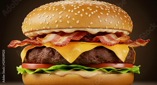 A mouth-watering gourmet burger with crispy bacon and melted cheese, ideal for restaurant menus, food blogs, or advertising campaigns