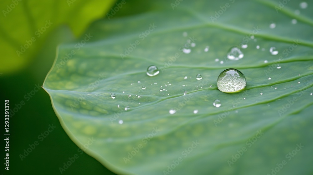 A close-up of the large, green lotus leaf with water droplets on it. The focus is on one small drop in the front and center of the picture A close-up of the large, green lotus leaf with water droplets on it. The focus is on one small drop in the front and center of the picture