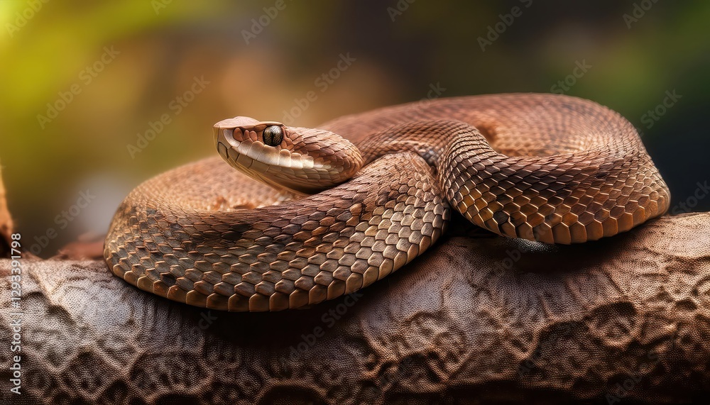 Obraz premium Closeup of the Asp Viper Vipera aspis showcasing its Striking Scales and Intense Eyes against a Desert Backdrop, Capturing the Dangerous Beauty of this Venomous Serpent.