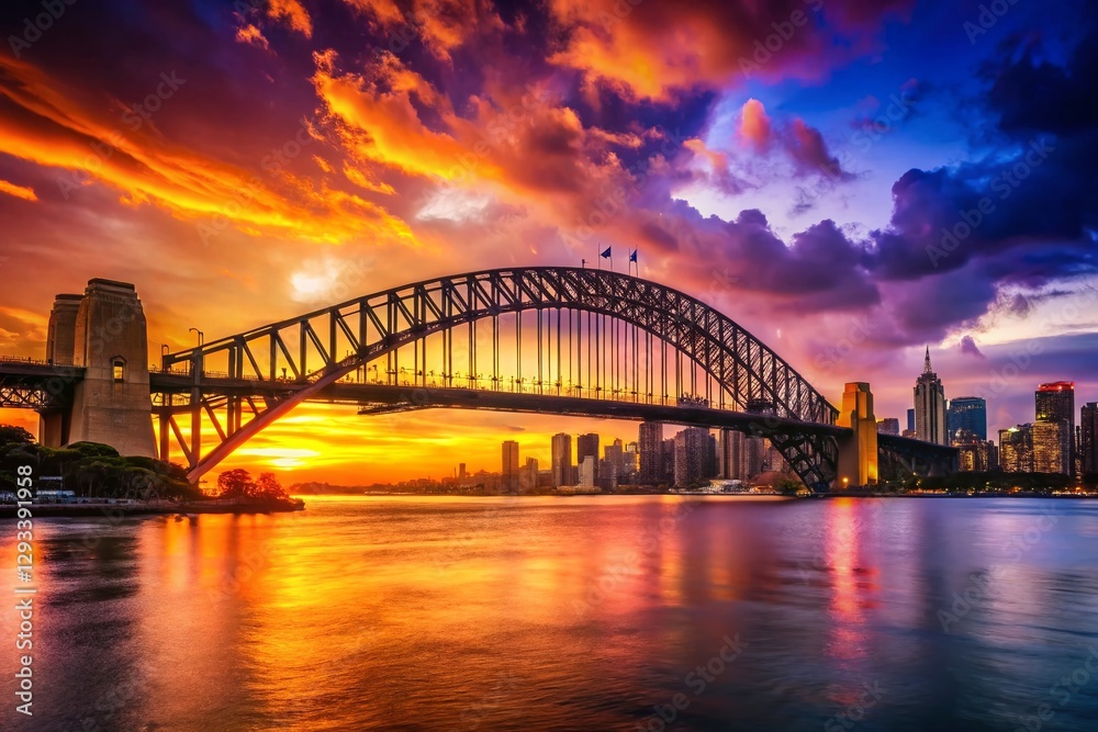 Naklejka premium Sydney Harbour Bridge Silhouette at Sunset, Cityscape Panorama