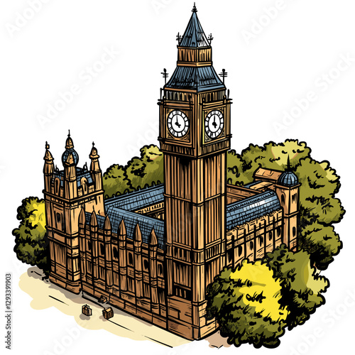 Vector comic hand-drawn illustration of Big Ben. Big Ben in London