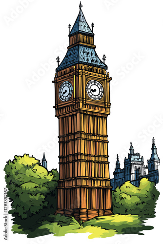 Vector comic hand-drawn illustration of Big Ben. Big Ben in London