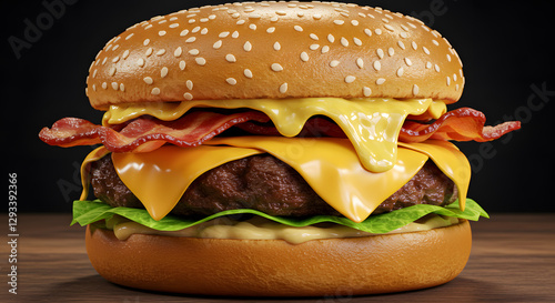 A mouth-watering gourmet burger with crispy bacon and melted cheese, ideal for restaurant menus, food blogs, or advertising campaigns