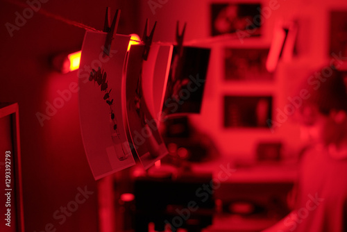 Canvas Print Close up of fresh developed photo prints hanging on string drying in darkroom li