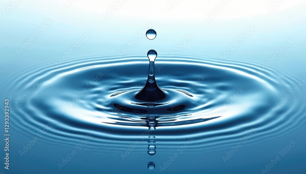 Water droplet falls into pond creating ripples. Serene blue liquid surface purity, stillness, zen. Circular waves background for spa, relaxation nature concepts. Rippled clear water texture. Water droplet falls into pond creating ripples. Serene blue liquid surface purity, stillness, zen. Circular waves background for spa, relaxation nature concepts. Rippled clear water texture.