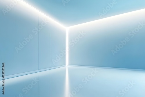 smooth light blue wall with elegant builtin lighting glossy floor soft white glow minimalist and universal presentation backdrop vibe photo