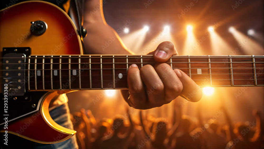 Obraz premium Person Playing Electric Guitar on Stage with Bright Lights and Energetic Crowd