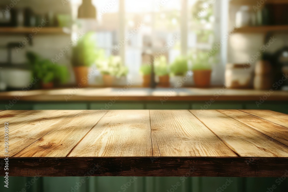 smooth wooden tabletop bathed in warm amber light blurred kitchen backdrop with soft green hues inviting rustic charm versatile display space cozy natural feel smooth wooden tabletop bathed in warm amber light blurred kitchen backdrop with soft green hues inviting rustic charm versatile display space cozy natural feel