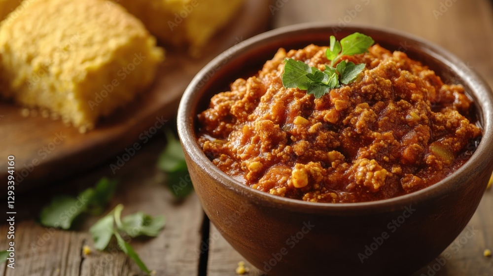 Delicious bowl of spicy chili topped with fresh herbs on wooden table with cornbread Delicious bowl of spicy chili topped with fresh herbs on wooden table with cornbread
