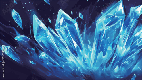 A digital illustration depicting a cluster of vibrant blue crystal shards. The crystals exhibit a translucent quality with internal glows and highlights, suggesting a light source within or behind