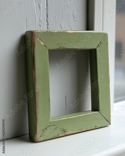 Small, square, green wooden frame with distressed paint, sits on a windowsill.
