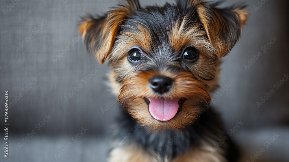 A happy Yorkshire Terrier puppy beams, tongue out in playful greeting, against a softly blurred grey background with warm lighting. A happy Yorkshire Terrier puppy beams, tongue out in playful greeting, against a softly blurred grey background with warm lighting.