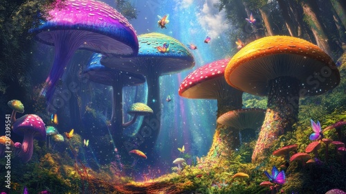 A fantasy landscape filled with giant rainbow-colored mushrooms, with tiny fairies flying around, casting magical dust in the air. photo