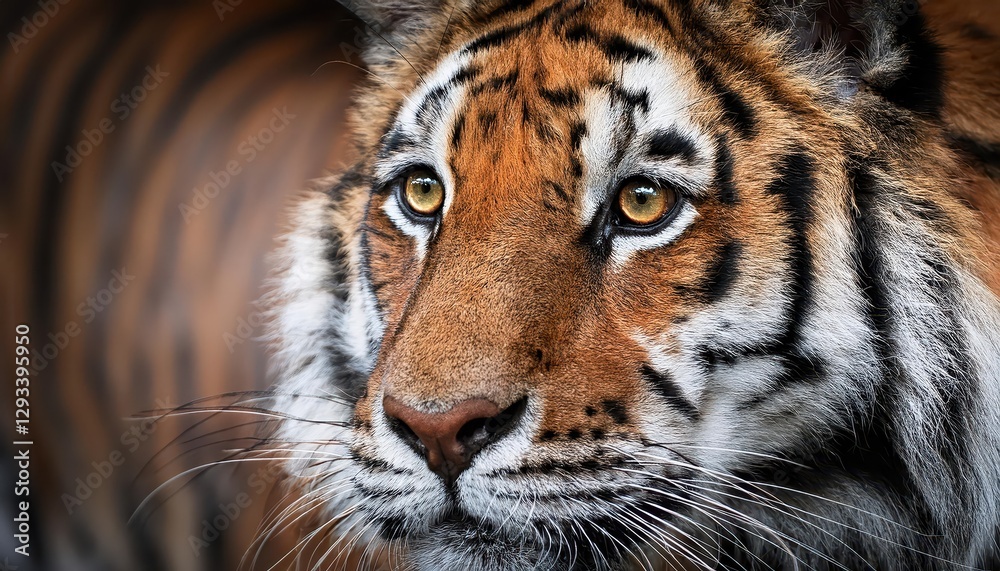 Fototapeta premium Closeup Portrait of a Majestic Siberian Tiger, Capturing Intense Eyes and Striking Coat Patterns in a Forest Clearing, Showcasing the Power and Beauty of this Magnificent Predator.